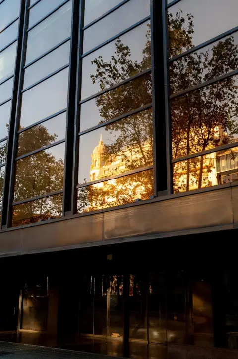 Dôme et arbres reflétés au soleil couchant dans une façade vitrée, Barcelone