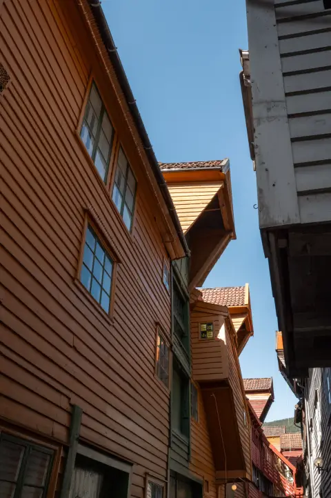 A narrow passage between the wooden houses of Bryggen, Bergen