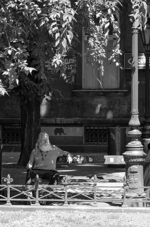 Un homme barbu assis sur un banc pres d'un tronc d'arbre, Budapest