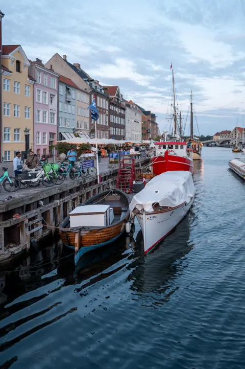 Wooden boats moored along the Nyhavn quay, Copenhagen