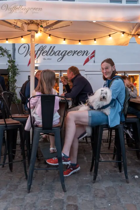 A young woman smiling with a white dog on her lap at an ice-cream shop terrace, Nyhavn, Copenhagen