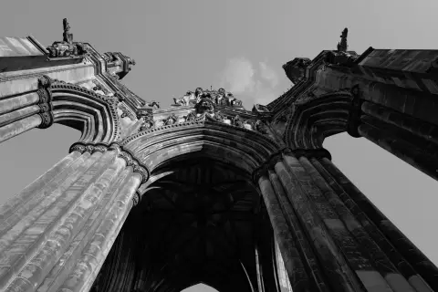 Carved arches of the Scott Monument seen from underneath, Edinburgh