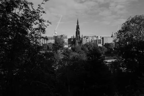 The Scott Monument rising above the trees and rooftops, Edinburgh