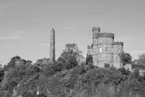 Obelisk and castellated tower on Calton Hill, Edinburgh