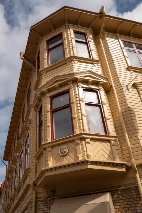 Wooden facade with bay windows seen from below, Haga, Gothenburg