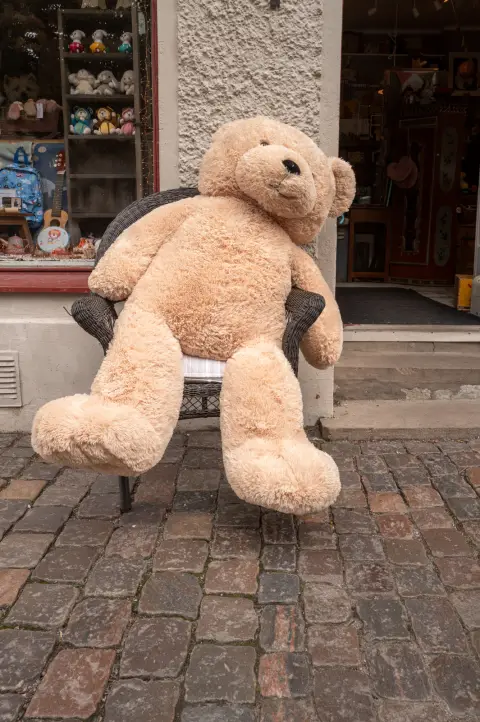 A big teddy bear sitting on a bench outside a shop, Haga, Gothenburg