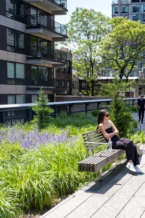 Passante assise sur un banc au milieu des hautes herbes de la High Line, New York