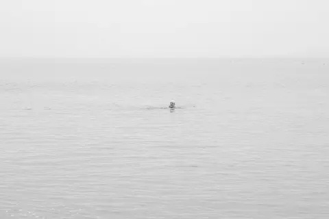 Nageur au loin dans une mer immobile et laiteuse, New York