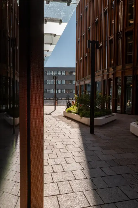 Un passage dallé entre deux façades de bois, un reflet oblique dans le verre, Oslo