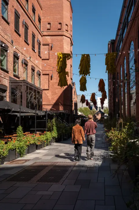 Une ruelle de briques sous des guirlandes suspendues, Oslo