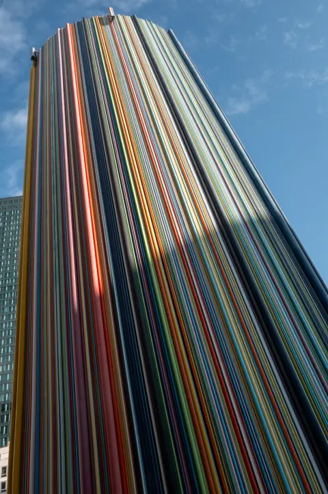Sun and shade sharing the stripes of the Moretti chimney, Paris