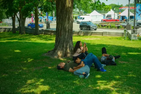 Des jeunes allongés dans l’herbe au pied d’un arbre, l’une regarde son téléphone, Québec