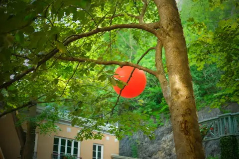 Une boule rouge suspendue dans les branches au-dessus d’une ruelle, Petit-Champlain, Québec