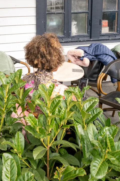 Une chevelure bouclée derrière un rideau de feuilles, en terrasse, Stavanger
