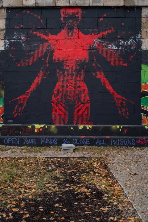 Fresque pixelisee rouge au-dessus d'un slogan engage, Vienne