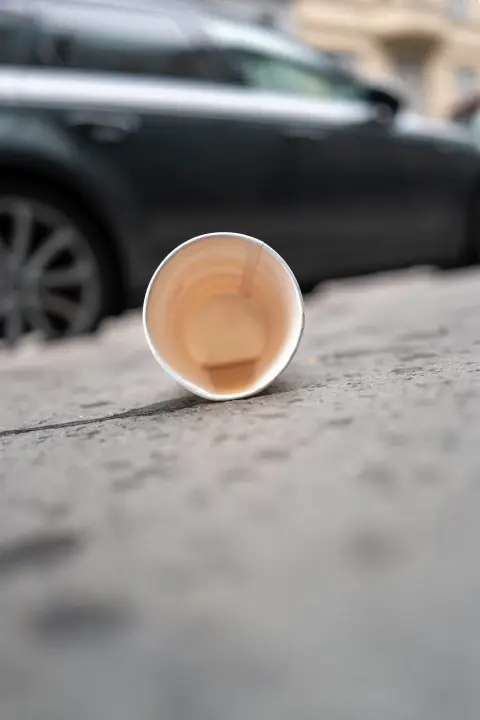 Gobelet de cafe abandonne sur le trottoir devant une voiture, Vienne