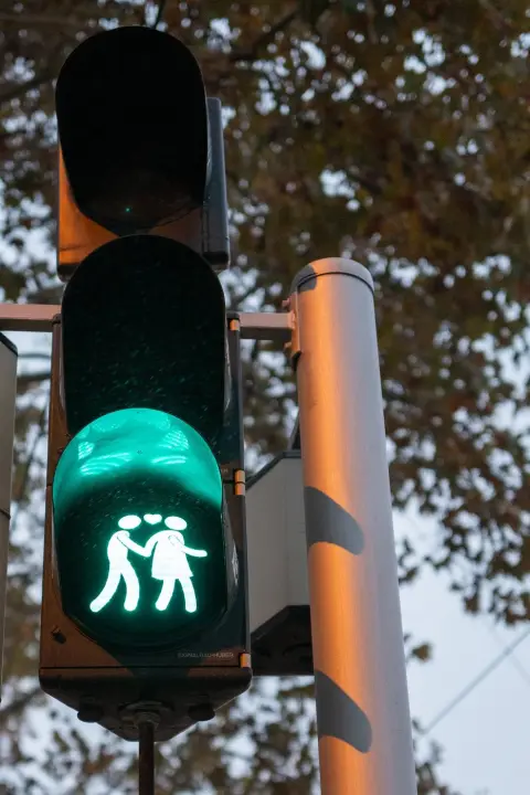 Feu pieton vert illustrant un couple main dans la main, Vienne
