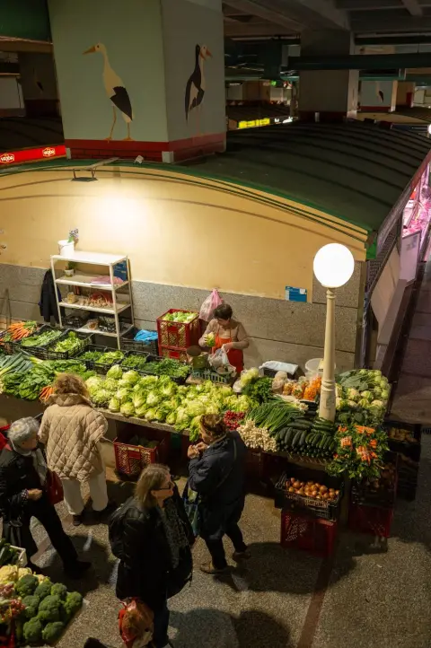 Vue plongeante sur l'étal de légumes verts de la halle couverte, Zagreb