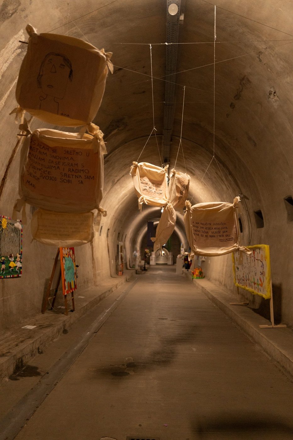 Children's drawings hung in the Grič tunnel as an art installation, Zagreb
