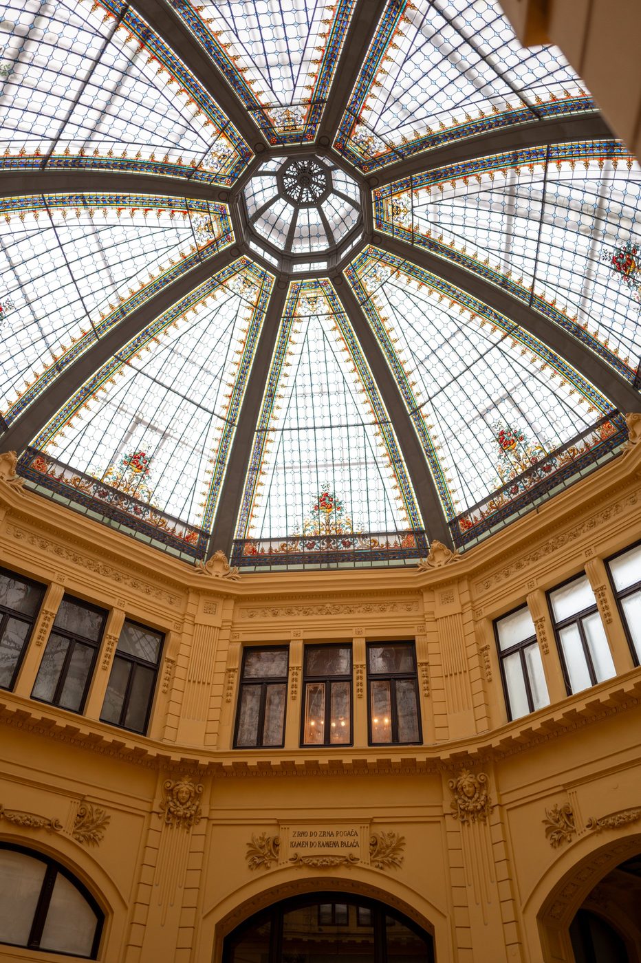 Geometric stained-glass dome overlooking an inner courtyard, Zagreb