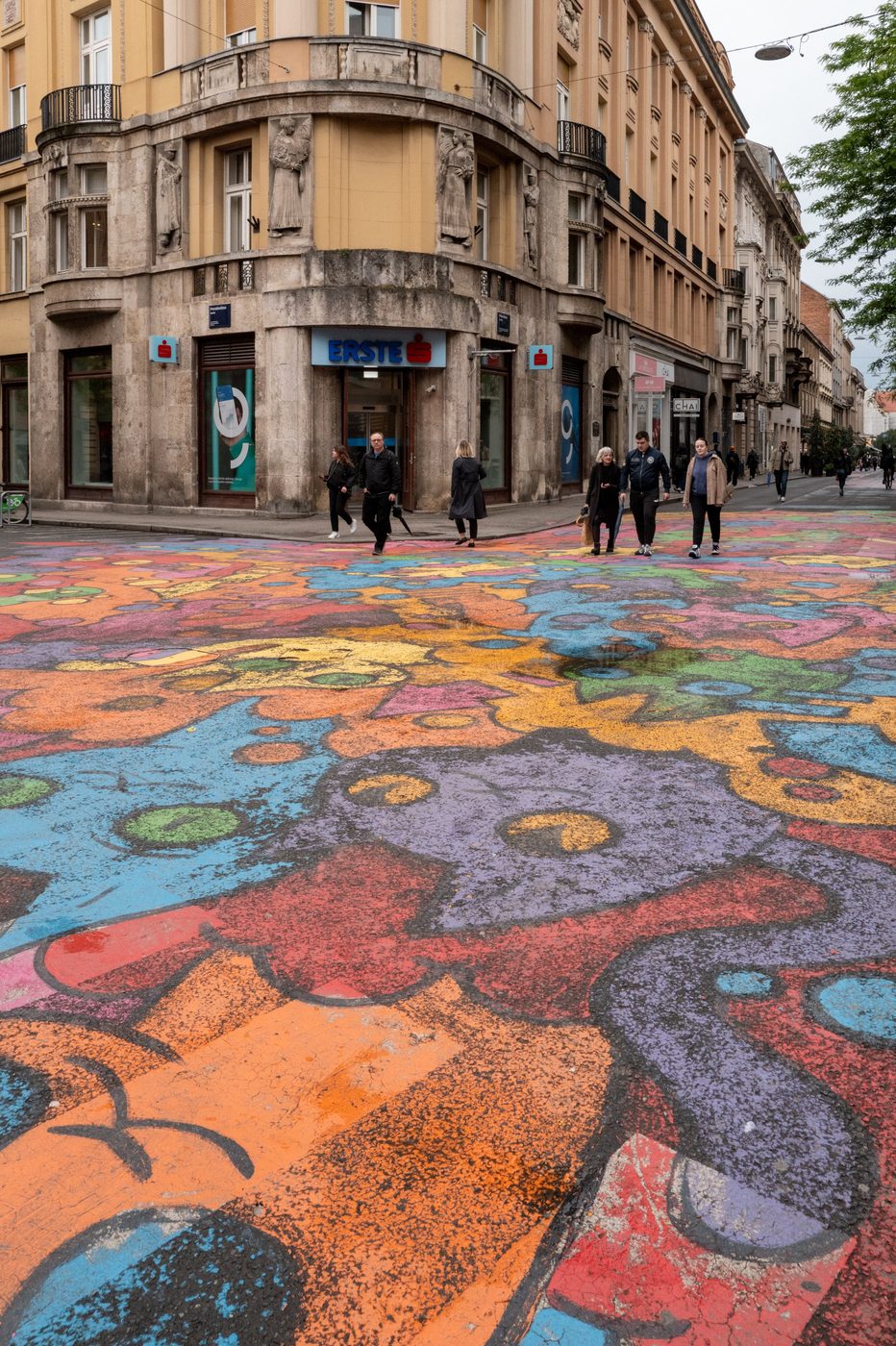 Passersby crossing the large colorful mural in front of Erste bank, Zagreb
