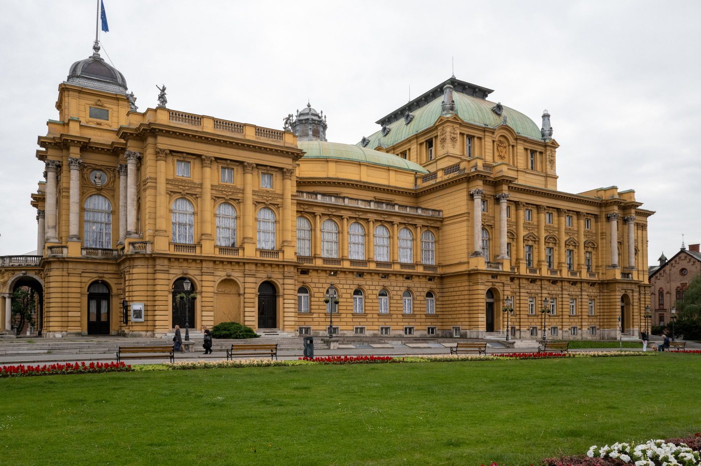 Croatian National Theatre and its green domes seen from the gardens, Zagreb