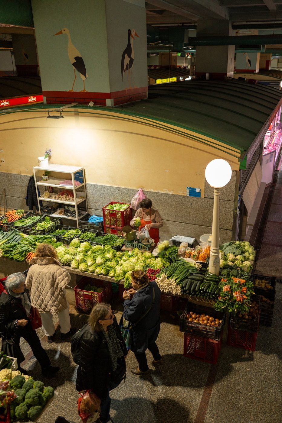 High-angle view of the green vegetable stall in the covered market, Zagreb