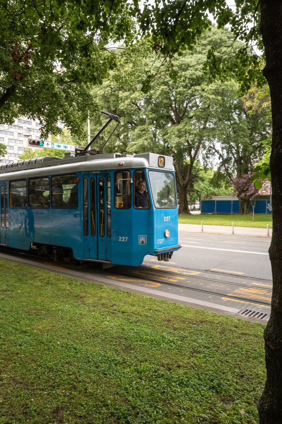 Blue tram number 227 running beneath the foliage of a park, Zagreb